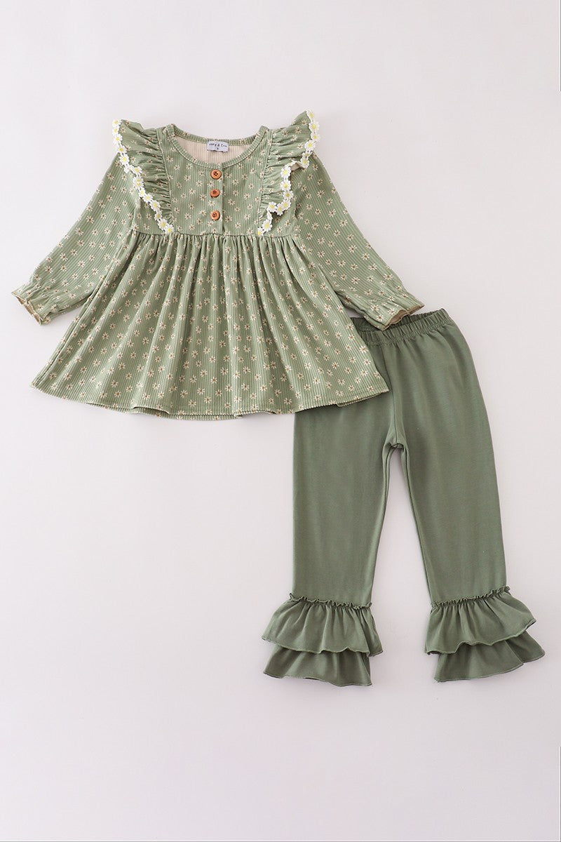 Corduroy Floral Lace Ruffle Pants Set