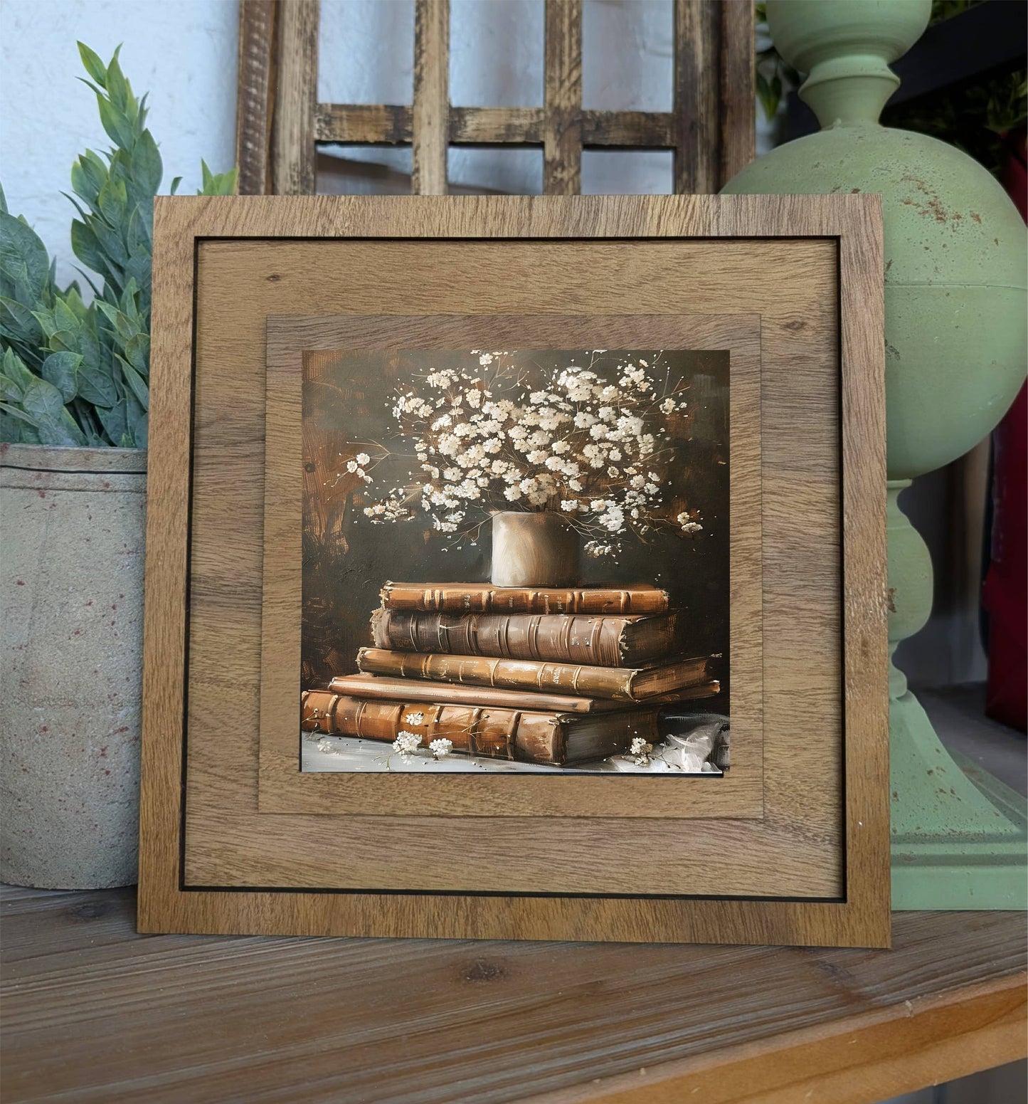 Square Framed Books With Flowers Canvas Art