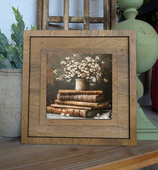 Square Framed Books With Flowers Canvas Art