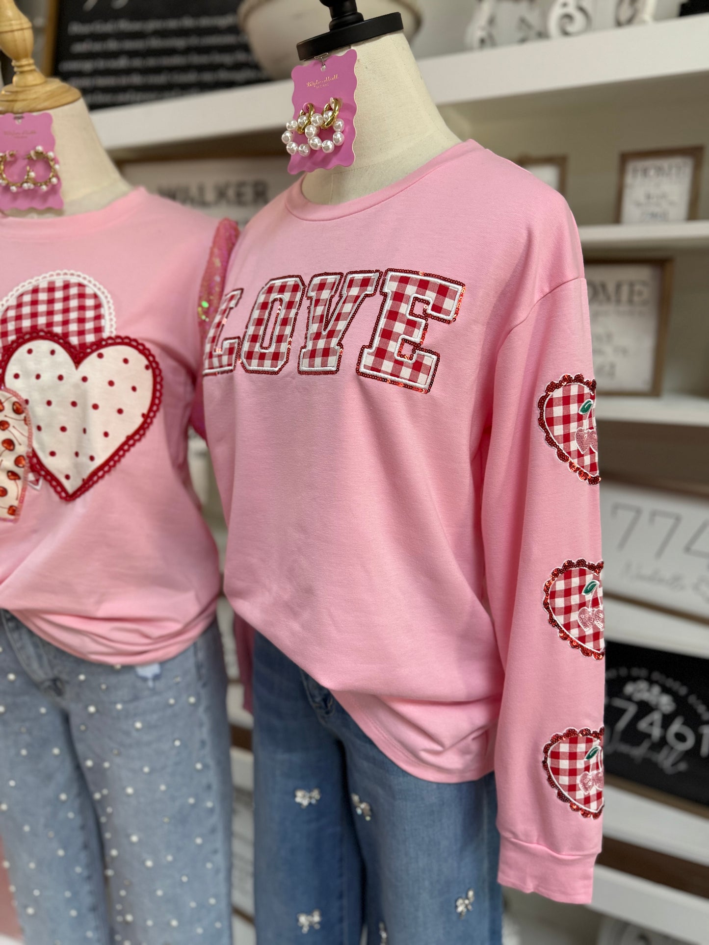 Gingham "Love" on Pink Top