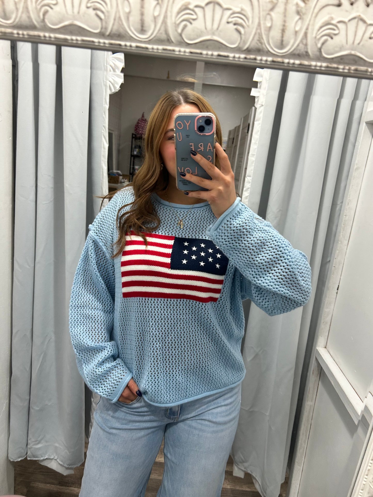 American Flag Crochet Sweater - Powder Blue