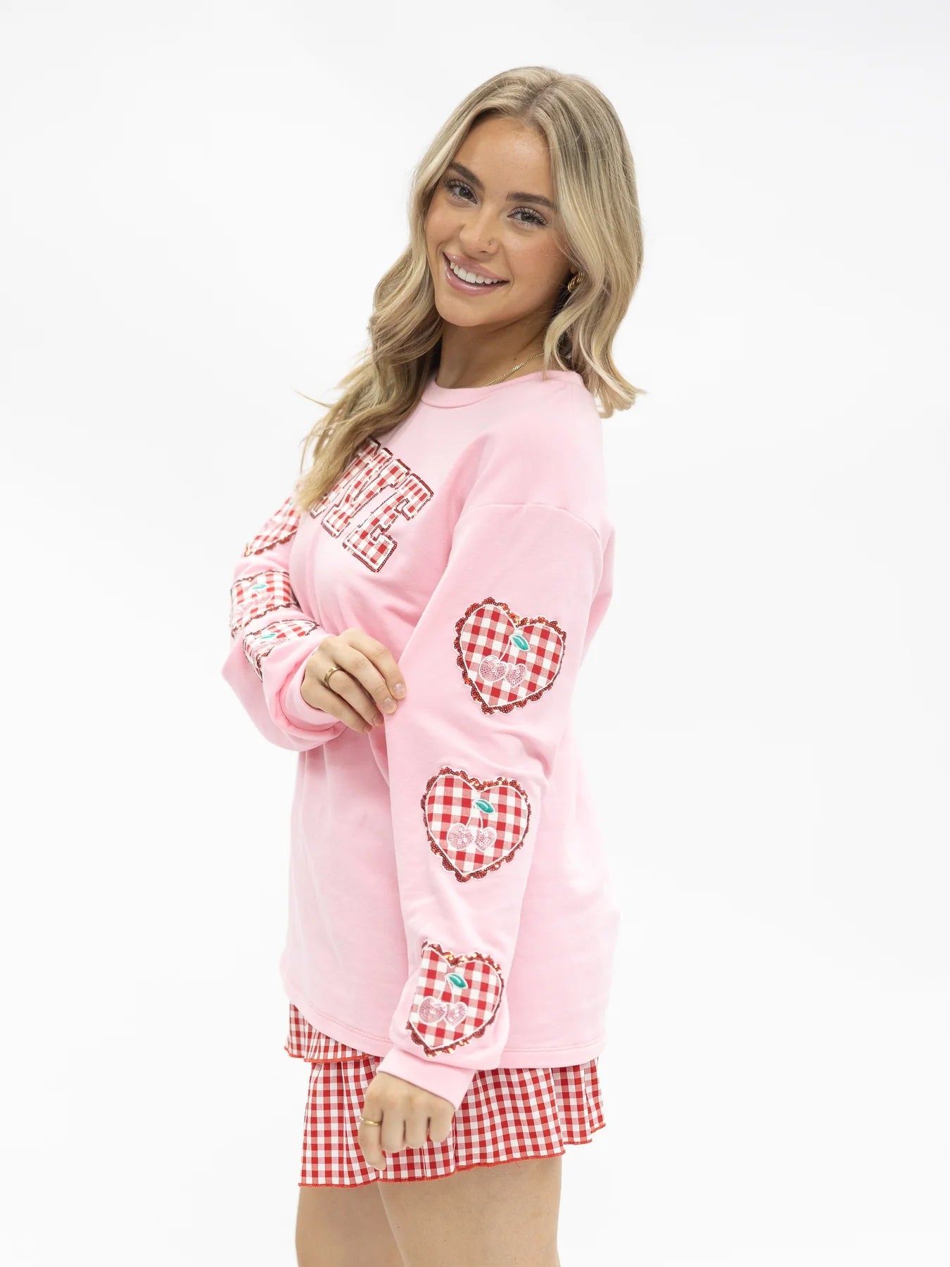 Gingham "Love" on Pink Top