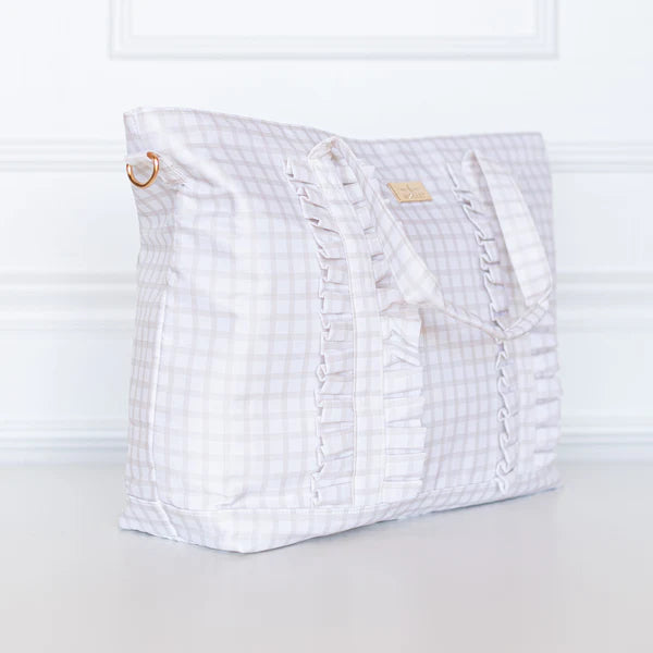 Nude Plaid Ruffled Nylon Tote Bag