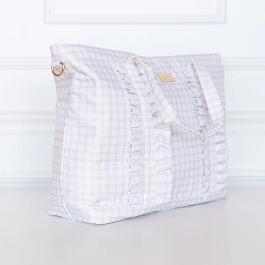 Nude Plaid Ruffled Nylon Tote Bag