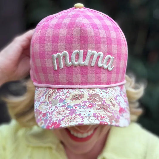 Embroidered Baseball Cap - "Mama" - Pink Gingham + Floral