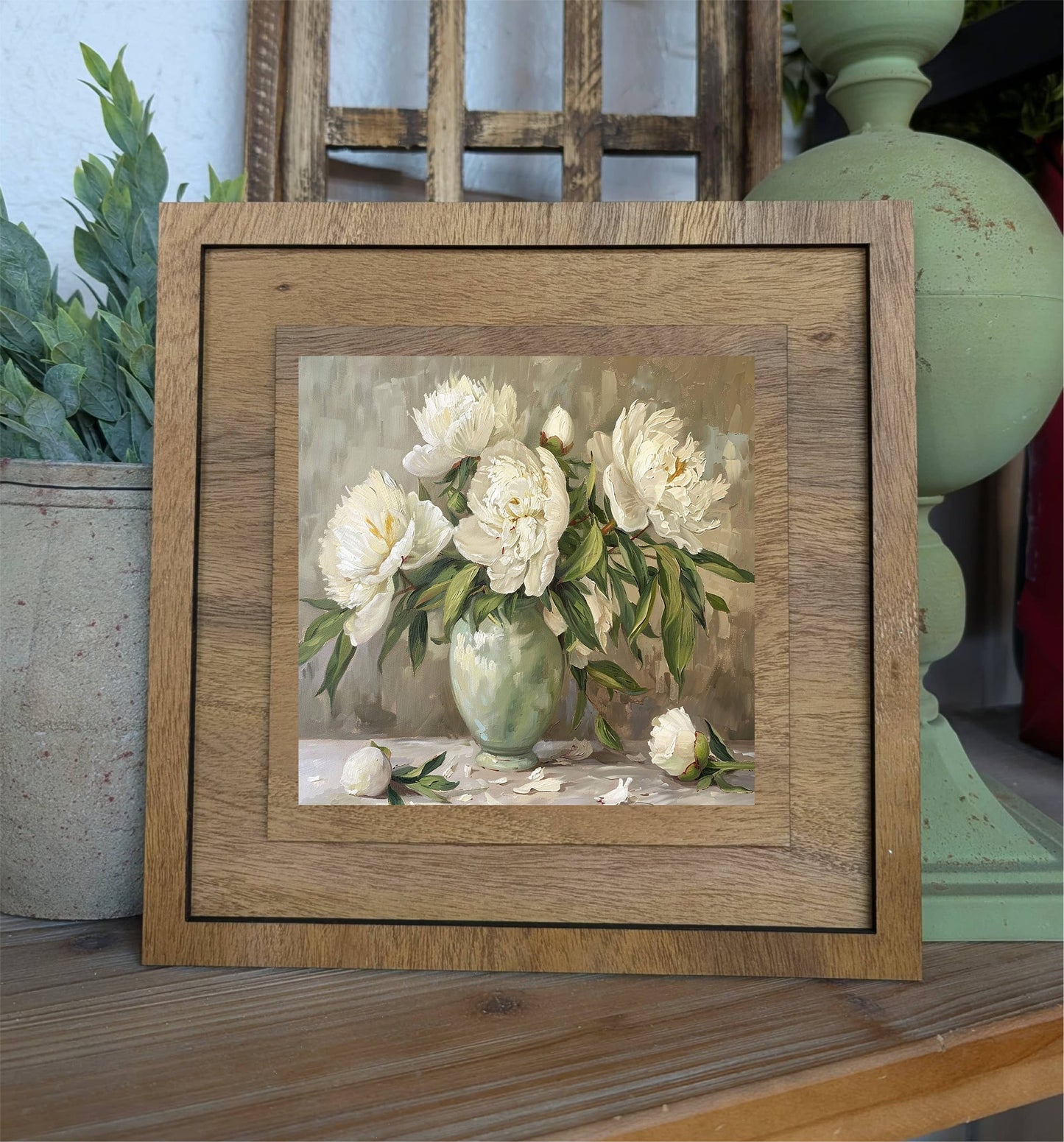 Square Framed Muted Peony Canvas Art